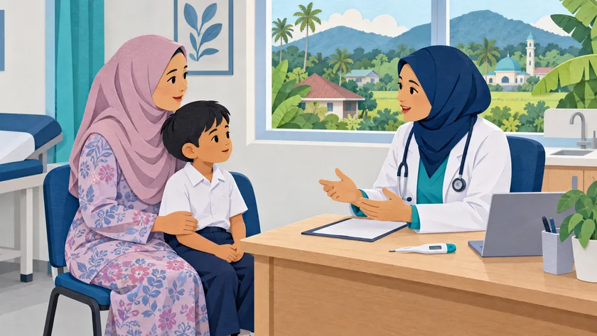 Ilustrasi AI konsultasi demam keluarga dalam suasana Kedah